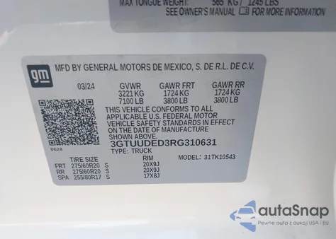 2024 GMC Sierra 1500 4Wd Short Box Slt z USA, uszkodzony, nr VIN 3GTUUDED3RG310631